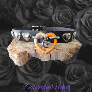 Black Faux Leather Heart Choker Necklace – Orange & White Wrapped Heart